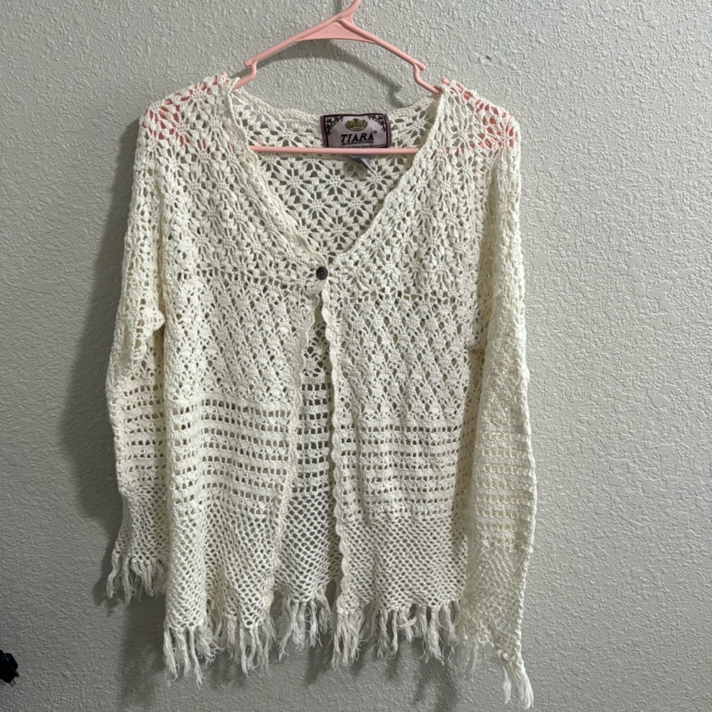 Tiara International  Cream Crochet Fringe Cardigan Sweater